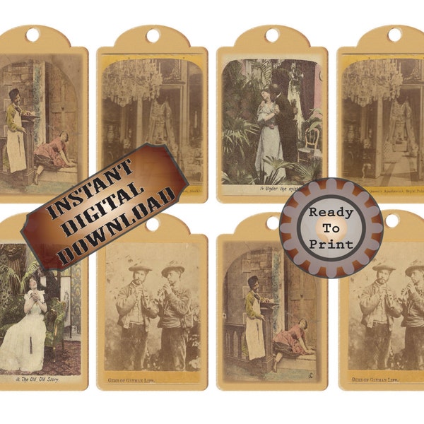 Stereoscope Tags Printable Junk Journal Embellishments ~ JPG ~ 8 Vintage Tinted Black White Vintage Photograph Stereoscopic 1800s Images