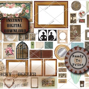 Puede incluir: Una hoja de collage digital con marcos de estilo vintage, relojes y dise&ntilde;os florales. La hoja incluye el texto "Descarga digital instant&aacute;nea" y "Listo para imprimir".