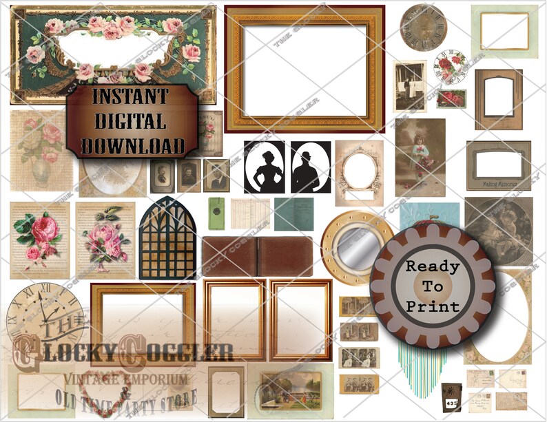 Puede incluir: Una hoja de collage digital con marcos de estilo vintage, relojes y dise&ntilde;os florales. La hoja incluye el texto "Descarga digital instant&aacute;nea" y "Listo para imprimir".