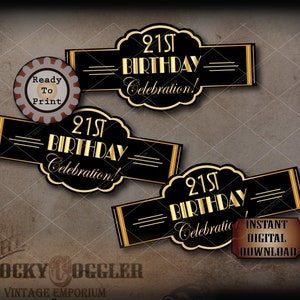 21st Birthday Cigar Labels Printable JPG File Digital Download ~ Art Deco Black Gold Prohibition Wedding, Roaring 20s Wraparound Party Decor