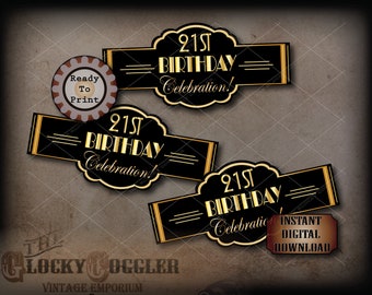 21st Birthday Cigar Labels Printable JPG File Digital Download ~ Art Deco Black Gold Prohibition Wedding, Roaring 20s Wraparound Party Decor