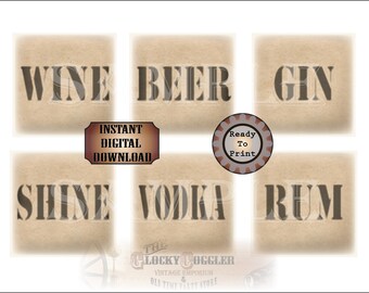 Bootlegger Crate Labels 8X8&quot; ~ Set of 6 Printable Files ~ Prohibition Roaring 20s ~ Saloon Cantina Tavern ~ Wine Beer Gin Shine Vodka Rum