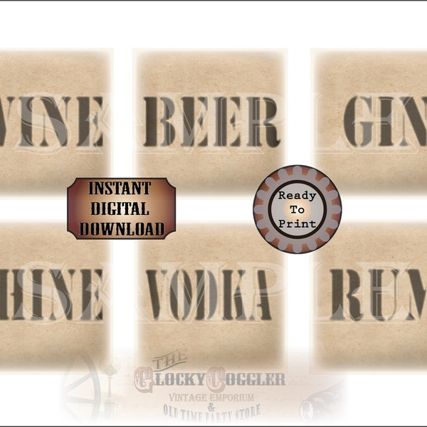 Bootlegger Crate Labels 8X8" ~ Set of 6 Printable Files ~ Prohibition Roaring 20s ~ Saloon Cantina Tavern ~ Wine Beer Gin Shine Vodka Rum