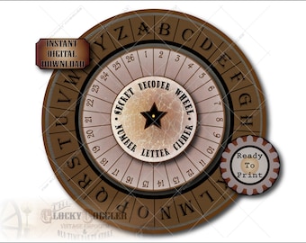 May include: A brown and beige circular decoder wheel with a star in the center. The wheel has letters around the outer edge and numbers around the inner edge. The text "Secret Decoder Wheel Number Letter Cipher" is printed on the wheel. The text "Ready to Print" is printed on a separate brown gear.