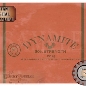 Dynamit Knebel Geschenk Label Printable ~ EXPLORER PARTY Dekor JPG ~ Alter Archäologie Schatzsucher Dig Style Sheet "60% Stärke" "Keep Dry"
