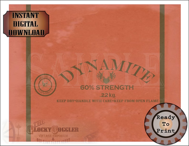 Dynamite Gift Wrap Printable ~ Wild West Party Decor JPG ~ Aged Red Old Timey Cowboy Miner Town Style Sheet ~ 60/% Strength ~ Keep Dry