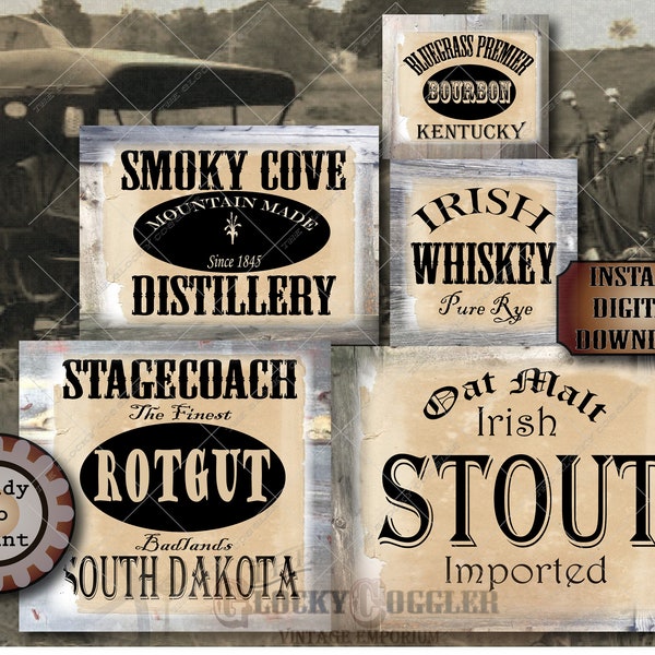 THE oRiGiNaL Booze Crate Labels Wild West Prohibition Speakeasy Gatsby Party Props Wedding Signs Kentucky Bourbon Rotgut Irish Whiskey Stout