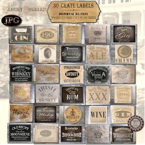 May include: Thirty vintage-style crate labels featuring various types of alcohol, including whiskey, gin, rum, and moonshine. The labels are designed to be printed on a home printer.