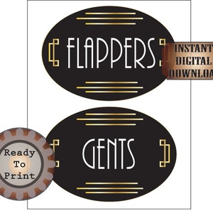 Flappers Gents Restroom Door Signs Printable Gatsby Era Art Deco Roaring Twenties Prohibition Speakeasy Ladies Mens Room Party Wedding Decor
