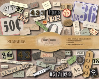 May include: A collection of vintage numbers and text printed on paper scraps. The numbers range from 1 to 59 and include a variety of fonts and styles. The text includes phrases like "Walden Pond", "Stock No. 25M-VP", "Salesman", and "2-Way".