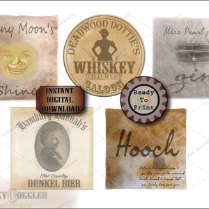5 Prohibition Women Bootlegger Crate Labels Printable 8X8&quot; Aged Grunge Paper Speakeasy ~ Hooch, Shine, Bier, Whiskey, Bathtub Gin JPG Files