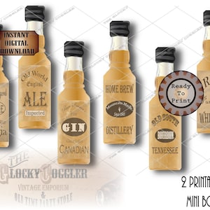 24 Mini Bootlegger Bottle Labels Printable ~ Booze Prohibition Speakeasy Gatsby Party Roaring 20s Wedding~  Rye Whiskey Bourbon Gin Ale Brew