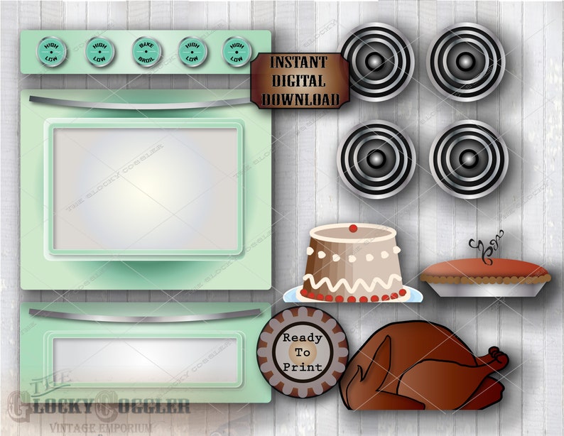 Play Kitchen Printable Set JPG SVG Files 40s Green Retro | Etsy