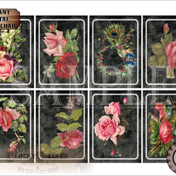 Chalkboard Bouquets ATC ACEO File 8 Junk Journal, Price Tag, Jewlelry Cards 2.5X3.5" Victorian Scrap Rose Peacock Feather Feverfew Chalk Art