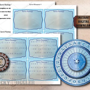 May include: Printable set of blue and white secret message cards with a blue and white alphabet wheel. The cards have a grid pattern and the wheel has a star in the centre. The text on the cards reads "Secret Message" and "Secret Message 1". The text on the wheel reads "Secret Cipher Wheel".