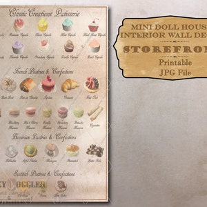 Mini Patisserie Menu Dollhouse 1:12 Scale Bakery Printable 11X8.5" JPG ~ Cupcakes, French Macarons, Paris-Brest, Fern Cake, Lebkuchen, Tarts