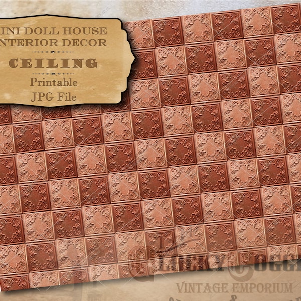 Tin Tile Ceiling Dollhouse 1:12 Scale Printable 11X8.5" JPG ~ Miniatures Interior Decor Ornate Metal Squares, Victorian Red Copper Checkered