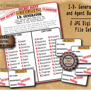 Spy Secret Agent I.D. Digital Set MURDER MYSTERY Detective Party Props ~ 2 Printable JPGs ~  Name Generator Badges Escape Room Game Mission