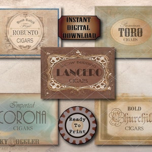 May include: A collection of vintage cigar label designs. The labels feature text such as "Robusto", "Toro", "Lancero", "Corona", and "Churchill". The labels are in various colors, including brown, beige, and blue, with decorative borders and text.