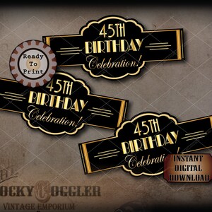 45th Birthday Cigar Labels Printable JPG File Digital Download ~ Art Deco Black Gold Prohibition Wedding, Roaring 20s Wraparound Party Decor