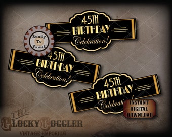 45th Birthday Cigar Labels Printable JPG File Digital Download ~ Art Deco Black Gold Prohibition Wedding, Roaring 20s Wraparound Party Decor