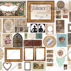 Puede incluir: Una colecci&oacute;n de marcos vintage, espejos y otros art&iacute;culos decorativos. Los marcos son de varios tama&ntilde;os y estilos, y algunos tienen dise&ntilde;os florales. Tambi&eacute;n hay algunos relojes, un globo aerost&aacute;tico y un atrapasue&ntilde;os. El texto "The Lucky Coggler Vintage Emporium & Old Time Party" es visible en uno de los marcos.
