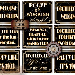 9 Glocky Coggler Quotes 1920s Party Bundle Printable JPG Files Digital Download on Zip ~ Art Deco Gatsby Era Black Gold Roaring 20s Signs