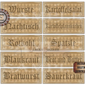 OKTOBERFEST Foods Printable Sign Set JPG ~ 10 German Aged Ivy Black Harlequin Buffet Label & Directional 4X11&quot; Banners ~ Wurste, Sauerkraut