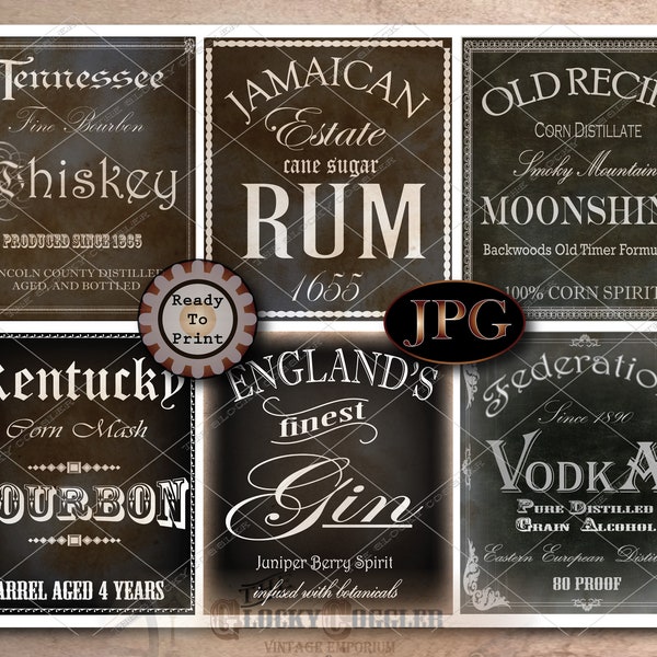 6 Booze Bottle Labels Printable JPG Sheet ~ Liquor Rebellion & Civil War Age to 1920s Era ~ 3.5x4" Whiskey Rum Bourbon Gin Vodka Moonshine
