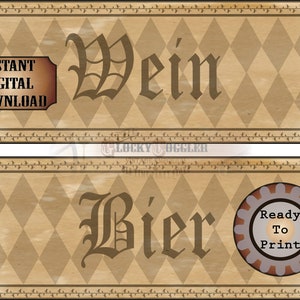 OKTOBERFEST Printable Sign JPG Set ~ 2 German Aged Ivy Black Harlequin Directional 4X11&quot; Banners ~ Bier, Wein Beer and Wine Party Signs