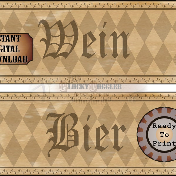OKTOBERFEST Printable Sign JPG Set ~ 2 German Aged Ivy Black Harlequin Directional 4X11" Banners ~ Bier, Wein Beer and Wine Party Signs