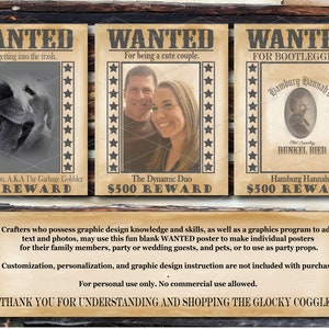 DIY Blank WANTED Poster Printable Space for Photo, Crime, Name Cowboy Birthday Party Wedding Favor Picture Frame 500 Dollar Reward image 8