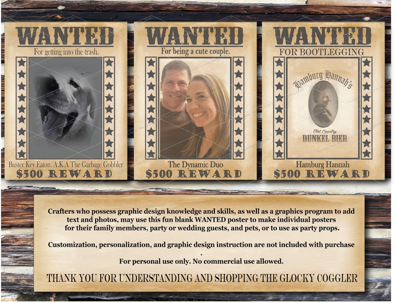 DIY Blank WANTED Poster Printable Space for Photo, Crime, Name Cowboy Birthday Party Wedding Favor Picture Frame 500 Dollar Reward image 8