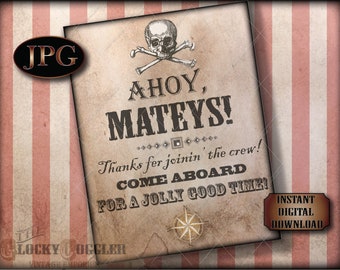 Ahoy Mateys Pirate Printable Sign JPG ~ Skull Crossbones, Compass Rose, Mixed Font Typography Aged Paper Party Prop Decoration ~ Come Aboard