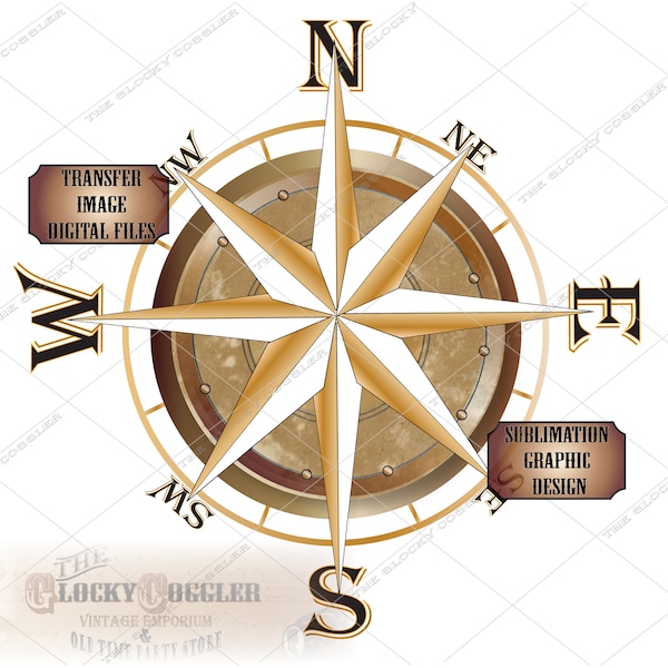 Compass Rose Sublimation 5 Files svg, pdf, png, eps, dxf ~ Weathered Center Gold Points Directions ~ Nautical Ship Pirate Wall Ceiling Art