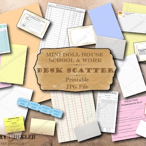 Book Nook Desk Scatter Printable ~ Dollhouse 1:6, 12 Scale JPG ~ Tickets, Post Cards, Library, Ledger School Legal Memo Sheets, Hall Pass