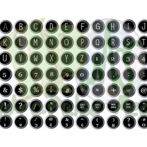 May include: Black and white typewriter keys with letters, numbers, and symbols. The keys are round and have a green background.