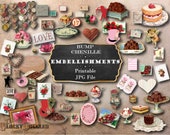 75 Bump Chenille VALENTINE Embellishments Printable 1:12 Scale JPG ~ Dollhouse Mini Journal Clip Art ~ Heart, Cupid, Cherub, Cake, Chocolate