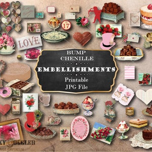 Valentine Book Nook Printable Embellishments 75 Pieces Bump Chenille 1:12 Scale JPG ~ Mini Clip Art ~ Heart, Cupid, Cherub, Cake, Chocolate