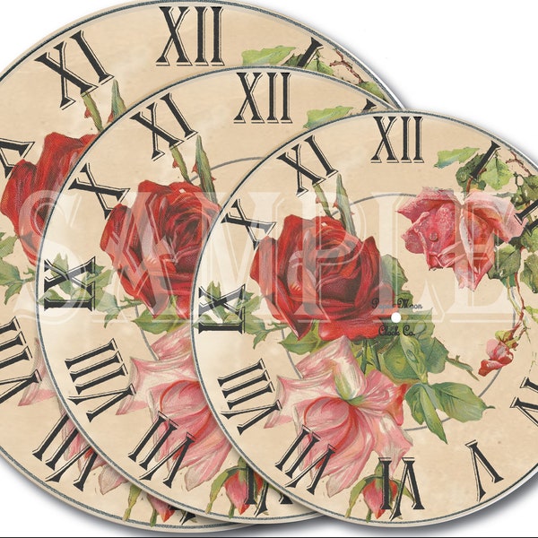 Set of Rose Clock Faces Printable Distressed Shabby Digital Files 8 12 and 24 Inches Roman Numerals Wall Art Craft Project Seller Supply