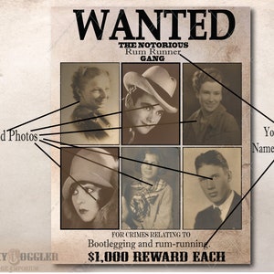 6 Gang WANTED Sign Printable ~ 2.5x3.5&quot; Blank Pictures Area ~ Prohibition Birthday Party Wedding Favor ~ Space for Text 1,000 Dollar Reward