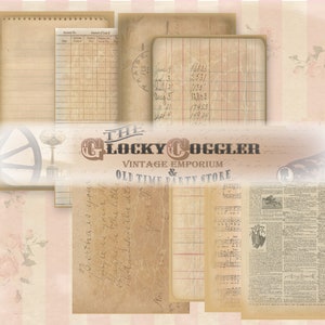 May include: A collage of vintage paper textures, including ledger pages, a newspaper clipping, and a handwritten note. The text on the newspaper clipping reads "THE CLOCKY COGGLER VINTAGE EMPORIUM & OLD TIME PARTY STORE".