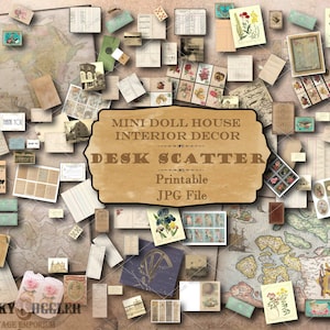 Book Nook Printable 200+ Accessories Desk Scatter Dollhouse 1:12 Scale JPG ~ Ledgers, Library, Bank, Bookmark, Maps, Post Cards, Money, Mail
