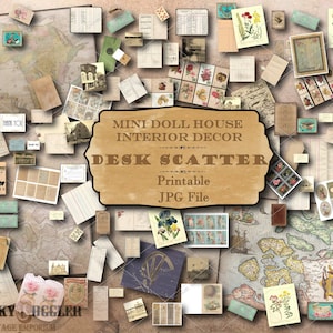 200+ Pieces Desk Scatter Dollhouse 1:12 Scale Printable JPG ~ Ledgers, Bank Book, Bookmark, Maps, Post & Library Cards, Money, Mail, Journal