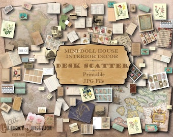 Book Nook Printable 200+ Accessories Desk Scatter Dollhouse 1:12 Scale JPG ~ Ledgers, Library, Bank, Bookmark, Maps, Post Cards, Money, Mail