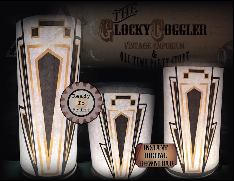 Art Deco Printable Luminaries Set DIY Candle Wraps 3 JPGs Prohibition Speakeasy Roaring 20s Gold Black Table Centerpiece Wedding Decor image 1