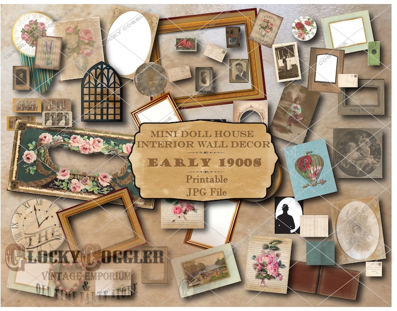 Puede incluir: Una colecci&oacute;n de im&aacute;genes imprimibles para la decoraci&oacute;n de casas de mu&ntilde;ecas en un estilo de principios de 1900. Las im&aacute;genes presentan marcos vintage, relojes y dise&ntilde;os florales. El texto "MINI DOLL HOUSE INTERIOR WALL DECOR EARLY 1900s Printable JPG File" est&aacute; incluido en la imagen.