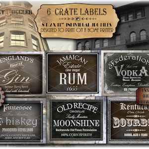 6 Booze Crate Labels Printable Set JPG Files ~ Liquor Rebellion & Civil War Age to Prohibition Era ~ Whiskey Rum Bourbon Gin Vodka Moonshine