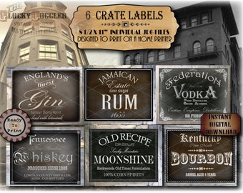 6 Booze Crate Labels Printable Set JPG Files ~ Liquor Rebellion & Civil War Age to Prohibition Era ~ Whiskey Rum Bourbon Gin Vodka Moonshine