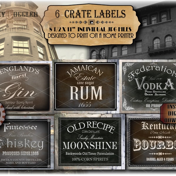 6 Booze Crate Labels Printable Set JPG Files ~ Liquor Rebellion & Civil War Age to Prohibition Era ~ Whiskey Rum Bourbon Gin Vodka Moonshine